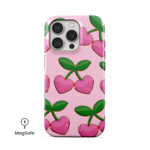 Hearted MagSafe phone case featuring adorable 3D-look pink hearts and green leaves with gold details on sweet pink background, front view on iPhone