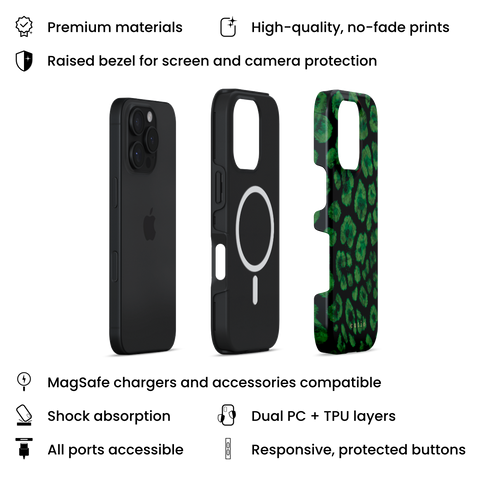 Instinct - Emerald MagSafe phone case featuring abstract emerald green leopard print on a black background, layers view on iPhone