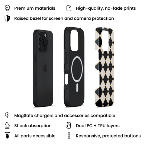 Jewel Box MagSafe phone case featuring sophisticated and timeless black and white check pattern with gold accents, layers view on iPhone