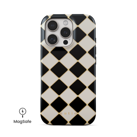 Jewel Box MagSafe phone case featuring sophisticated and timeless black and white check pattern with gold accents, front view on iPhone
