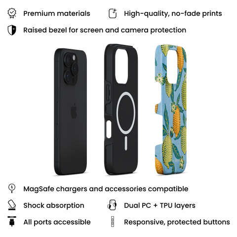 Lemon Tree MagSafe phone case featuring colourful lemons and flowers design on bright blue background, a reinterpretation from William Morris's "Four Fruits" pattern, layers view on iPhone