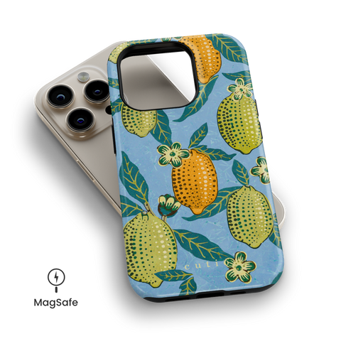 Lemon Tree MagSafe phone case featuring colourful lemons and flowers design on bright blue background, a reinterpretation from William Morris's "Four Fruits" pattern, top down view on iPhone