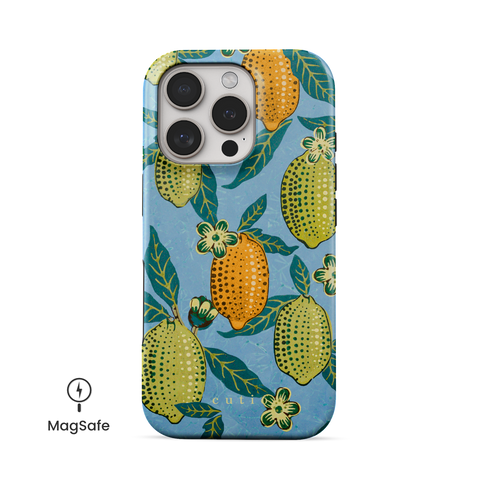 Lemon Tree MagSafe phone case featuring colourful lemons and flowers design on bright blue background, a reinterpretation from William Morris's "Four Fruits" pattern, front view on iPhone