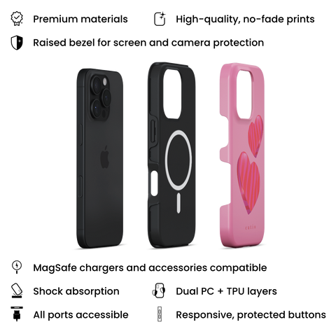 Lovestruck MagSafe phone case featuring adorable 3D-look hot pink hearts set against a soft pink gradient background, layers view on iPhone
