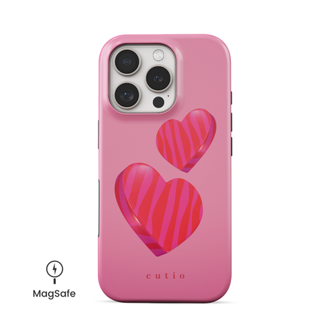 Lovestruck MagSafe phone case featuring adorable 3D-look hot pink hearts set against a soft pink gradient background, front view on iPhone