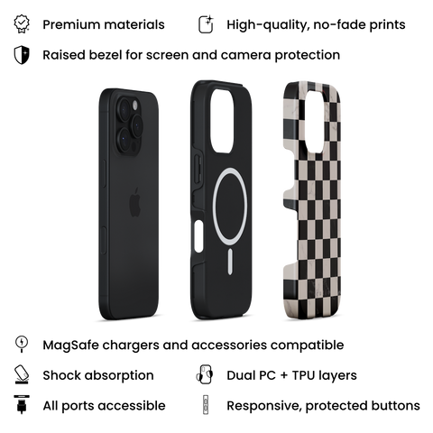 Marble Checkerboard MagSafe phone case featuring bold black and white marble checkerboard pattern, layers view on iPhone
