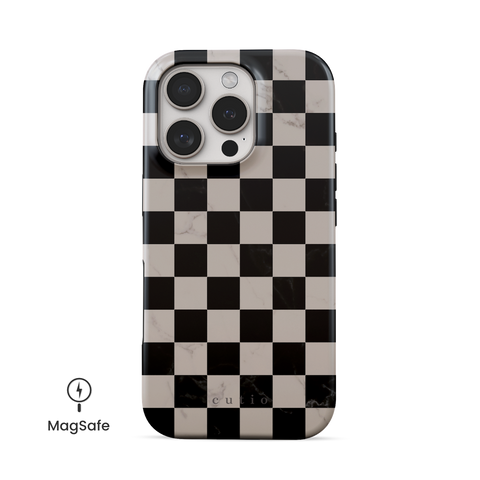Marble Checkerboard MagSafe phone case featuring bold black and white marble checkerboard pattern, front view on iPhone