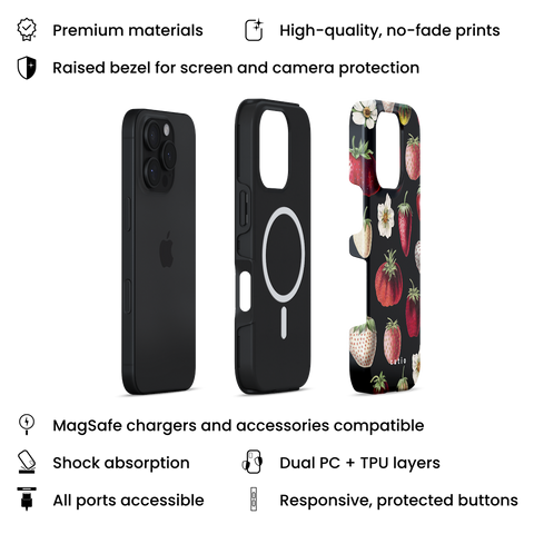 Merry Berry MagSafe phone case featuring red, pink and white strawberries on black background design, layers view on iPhone