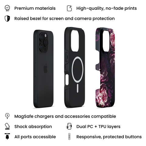 Midnight Blooms MagSafe phone case featuring pink and purple peonies on black background design on iPhone, layers view