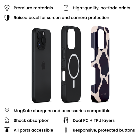 Moo MagSafe phone case featuring chic cow print design, layers view on iPhone