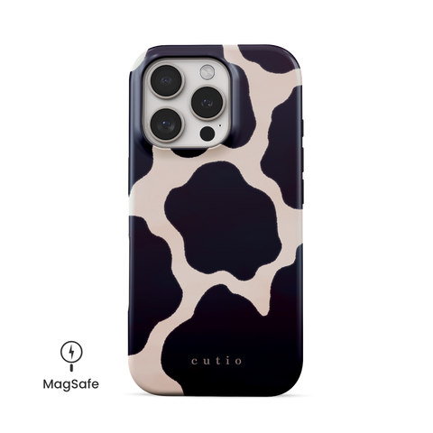 Moo MagSafe phone case featuring chic cow print design, front view on iPhone