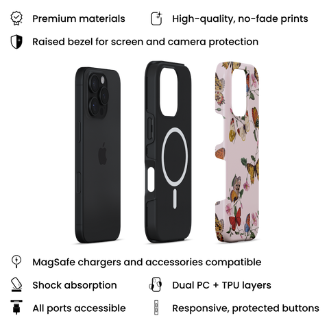 Morning Routine MagSafe phone case featuring charming pattern of colorful butterflies dancing around pink morning glory vines on soft pink background, layers view on iPhone