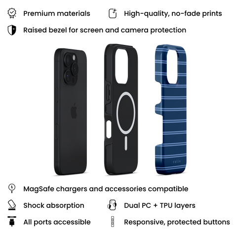 Navy Stripes MagSafe phone case featuring stripes pattern in navy blue, layers view on iPhone