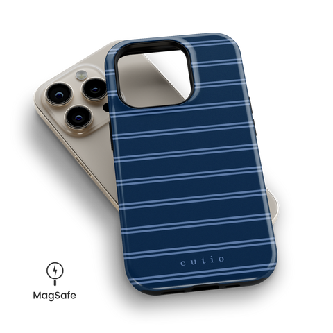 Navy Stripes MagSafe phone case featuring stripes pattern in navy blue, top down view on iPhone