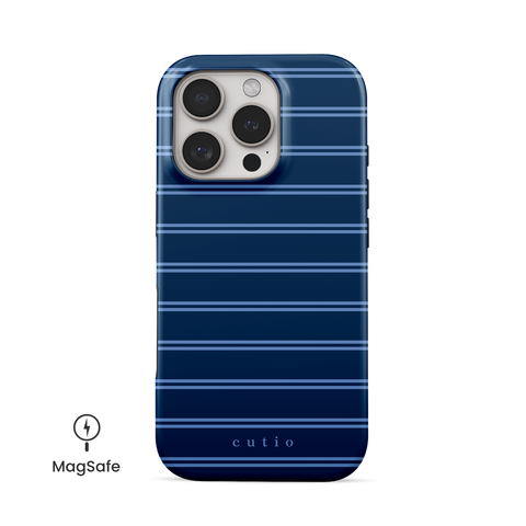 Navy Stripes MagSafe phone case featuring stripes pattern in navy blue, front view on iPhone