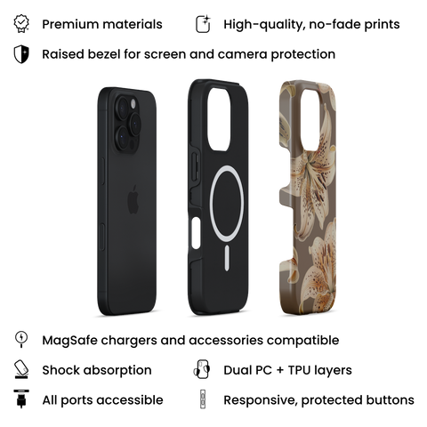 Novelty MagSafe phone case featuring sophisticated oriental lilies pattern on taupe background, layers view on iPhone