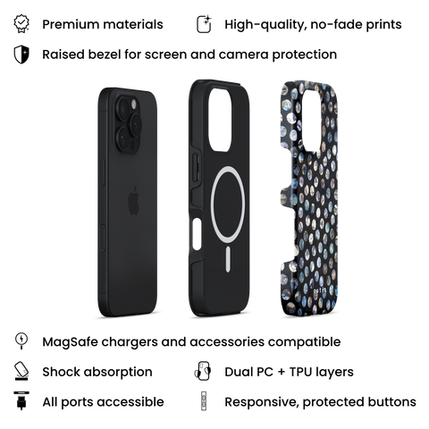 Ocean Hue MagSafe phone case featuring organic-shaped polka dots in intricate iridescent oyster shell hues on black background, layers view on iPhone