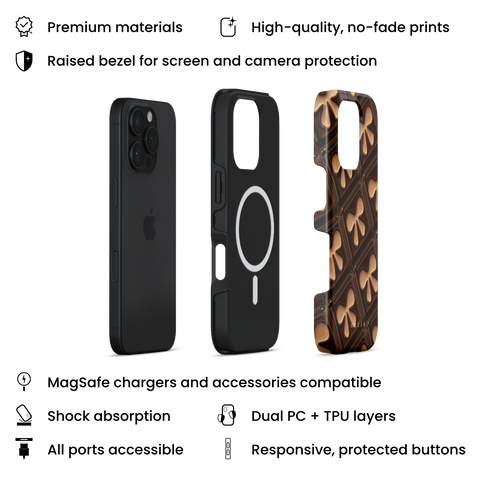 Opulent Delight MagSafe phone case featuring chic 3D-look bow pattern in elegant shades of beige and brown, layers view on iPhone