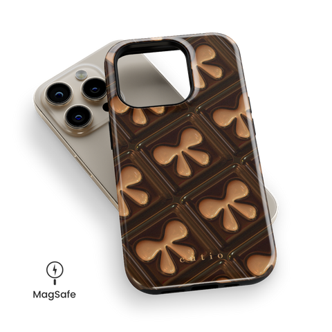 Opulent Delight MagSafe phone case featuring chic 3D-look bow pattern in elegant shades of beige and brown, top down view on iPhone