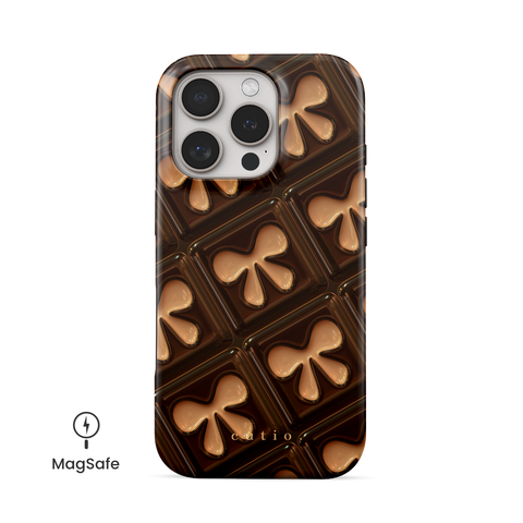 Opulent Delight MagSafe phone case featuring chic 3D-look bow pattern in elegant shades of beige and brown, front view on iPhone
