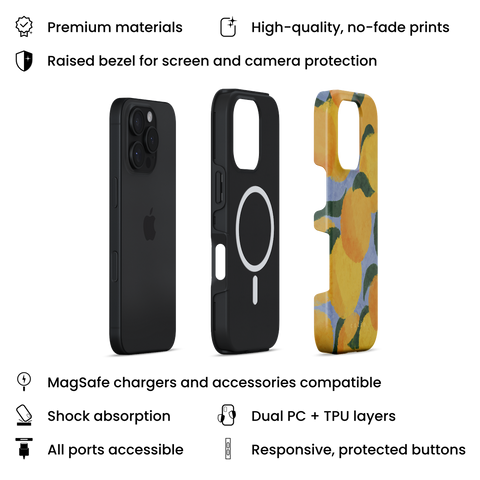 Orange Tree MagSafe phone case featuring abstract, colourful orange fruit pattern on vibrant blue background, layers view on iPhone