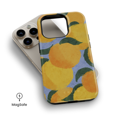 Orange Tree MagSafe phone case featuring abstract, colourful orange fruit pattern on vibrant blue background, top down view on iPhone