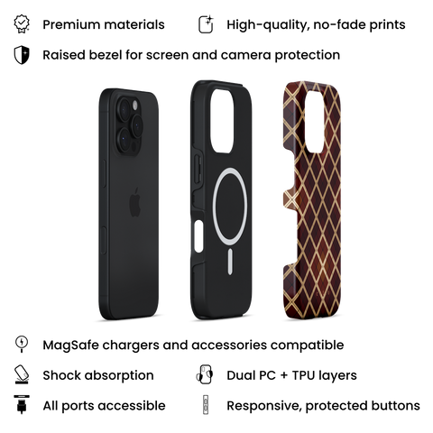 Ornament MagSafe phone case featuring elegant and vibrant plaid pattern in rich brown, amber and golden yellow tones, layers view on iPhone