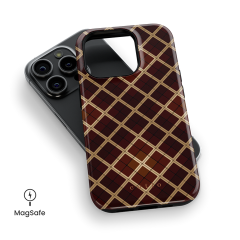 Ornament MagSafe phone case featuring elegant and vibrant plaid pattern in rich brown, amber and golden yellow tones, top down view on iPhone