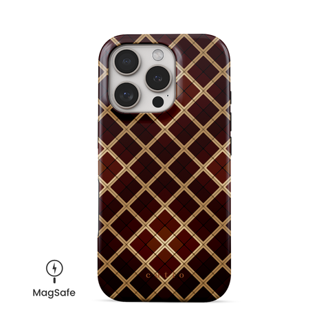 Ornament MagSafe phone case featuring elegant and vibrant plaid pattern in rich brown, amber and golden yellow tones, front view on iPhone