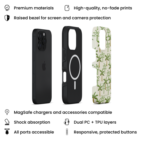 Palm Grove MagSafe phone case featuring pattern of green palm trees on a warm beige background, layers view on iPhone