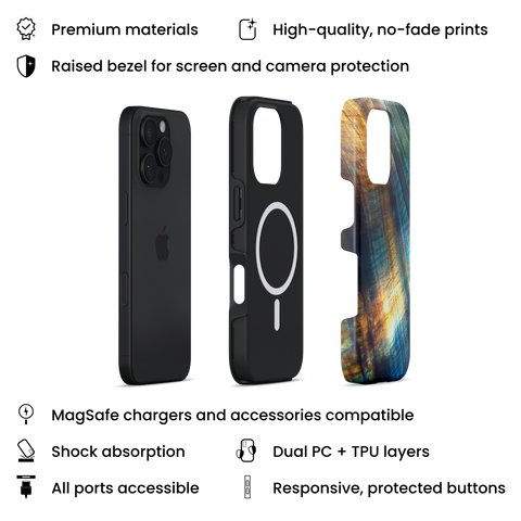 Peacock MagSafe phone case featuring vibrant, abstract pattern in stunning colors of peacock's feathers, layers view on iPhone