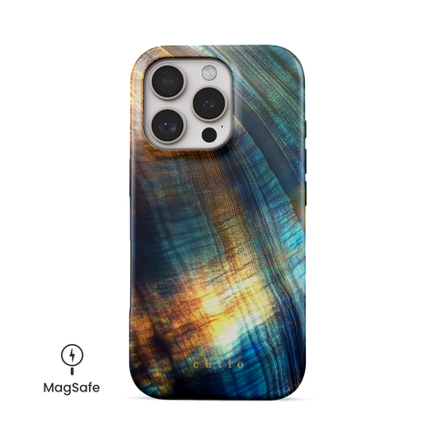 Peacock MagSafe phone case featuring vibrant, abstract pattern in stunning colors of peacock's feathers, front view on iPhone