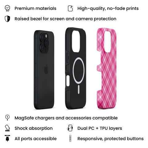 Pink Handkerchief MagSafe phone case featuring lovely white and pink plaid design on iPhone, layers view