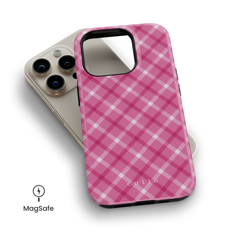 Pink Handkerchief MagSafe phone case featuring lovely white and pink plaid design on iPhone, top down view