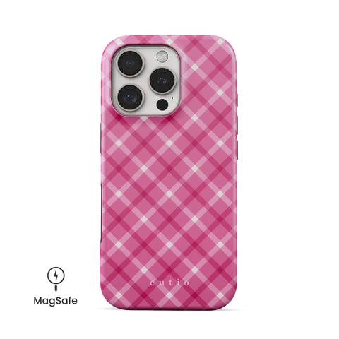 Pink Handkerchief MagSafe phone case featuring lovely white and pink plaid design on iPhone, front view