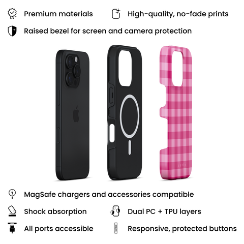Pink Handkerchief MagSafe phone case featuring lovely white and pink plaid design, layers view on iPhone