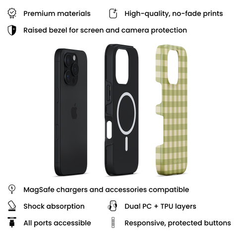 Pistachio MagSafe phone case featuring lovely green check pattern, layers view on iPhone