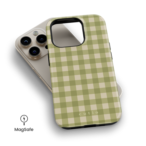 Pistachio MagSafe phone case featuring lovely green check pattern, top down view on iPhone