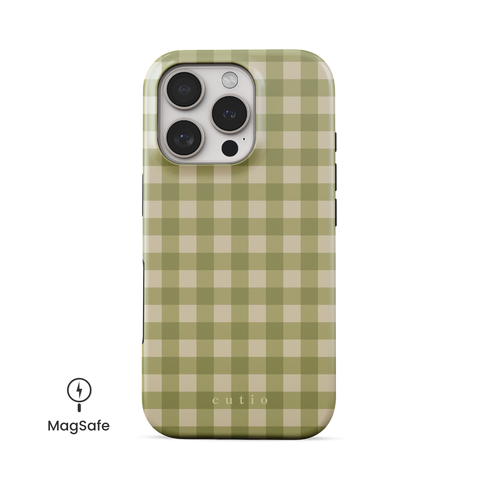 Pistachio MagSafe phone case featuring lovely green check pattern, front view on iPhone