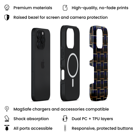 Posh Black MagSafe phone case featuring elegant crisscross pattern in glossy black with gold trim details, layers view on iPhone