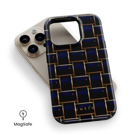 Posh Black MagSafe phone case featuring elegant crisscross pattern in glossy black with gold trim details, top down view on iPhone