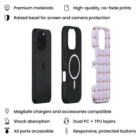 Posh White MagSafe phone case featuring elegant crisscross pattern in glossy white with gold trim details, layers view on iPhone