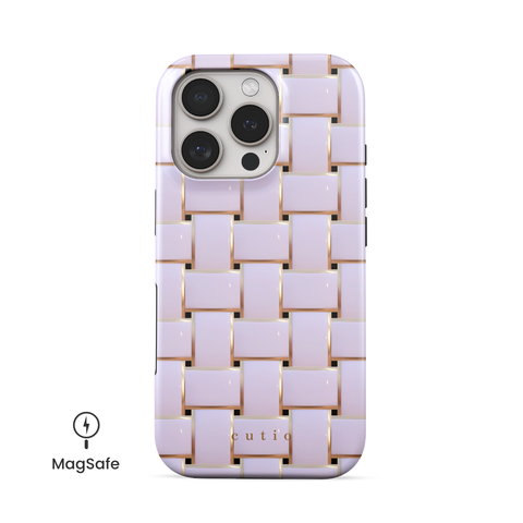 Posh White MagSafe phone case featuring elegant crisscross pattern in glossy white with gold trim details, front view on iPhone