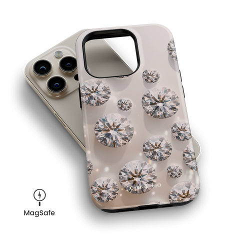 Purity MagSafe phone case featuring sparkling diamonds on beige background, top down view on iPhone