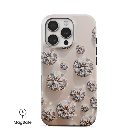 Purity MagSafe phone case featuring sparkling diamonds on beige background, front view on iPhone