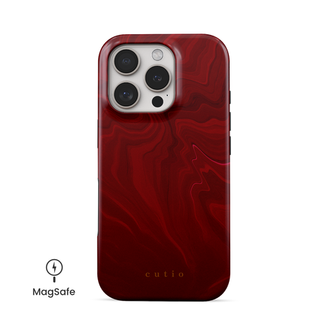 Red Lipstick MagSafe phone case featuring vibrant red swirls pattern, front view on iPhone