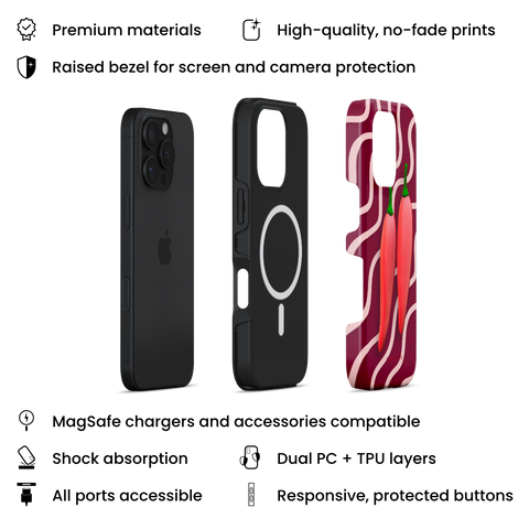 Red Hot Chillies MagSafe phone case featuring bold red chillies on a burgundy background, layers view on iPhone
