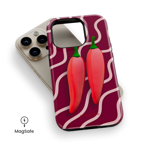 Red Hot Chillies MagSafe phone case featuring bold red chillies on a burgundy background, top down view on iPhone