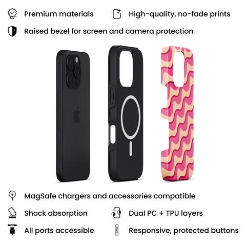 Ruffles MagSafe phone case featuring playful abstract ruffle pattern in red, pink, and beige, layers view on iPhone