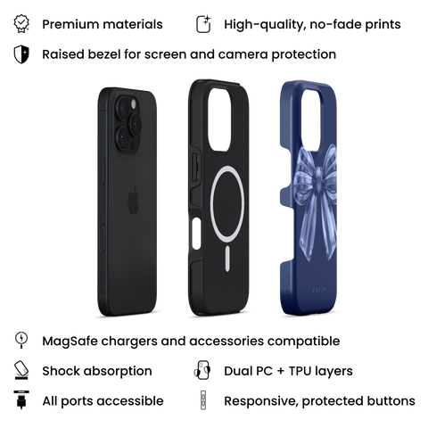 Sailor Bow MagSafe phone case featuring cute translucent 3D navy blue bow design, layers view on iPhone